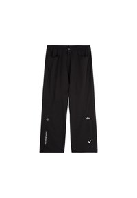 Pantalons noirs amples en tissu léger. Comprend des poches avant et des logos blancs sur le bas des jambes. Texture lisse.