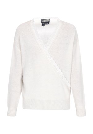 White knitted wrap sweater with a deep V-neck, scalloped lace trim, long sleeves, and a ribbed hem at the cuffs and bottom.