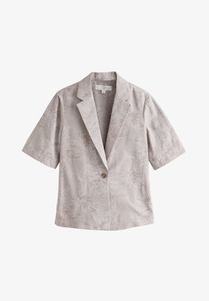 Lichtbeige linnen blazer met korte mouwen en subtiel bladmotief, enkele bruine knoopsluiting, reverskraag met inkeping en een relaxte pasvorm.