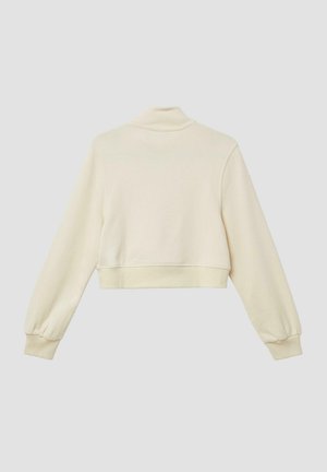 Sweat-shirt court à manches longues de couleur crème avec col montant et poignets et ourlet côtelés, présenté à plat sur un fond uni.