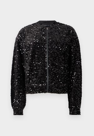 Schwarze Bomberjacke, die mit Pailletten bedeckt ist, mit einem Reißverschluss vorne, abgerundetem Kragen und taillierten Bündchen, die eine strukturierte, reflektierende Oberfläche schaffen.