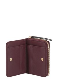 Burgundy leather wallet with gold hardware, zip closure, multiple card slots, and a smooth textured interior. Compact design for easy carrying.