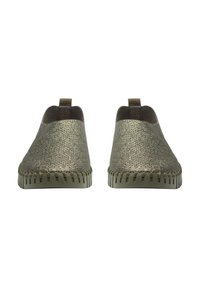 Slip-on shoes in a textured metallic green material, featuring a rounded toe, minimalistic design, and a flexible, treaded sole.