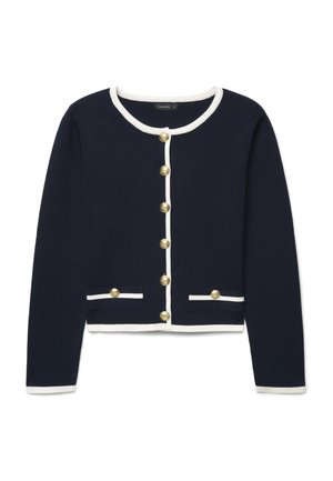 Cardigan blu navy a maniche lunghe con bordatura bianca, bottoni dorati sul davanti e su due tasche frontali, scollo rotondo.