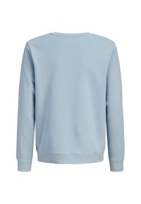 Ανοιχτό γαλάζιο φούτερ με στρογγυλή λαιμόκοψη, κατασκευασμένο από μαλακό ύφασμα, με ριμπ μανσέτες και τελείωμα, ομοιόμορφη υφή χωρίς ορατά λογότυπα ή σχέδια.