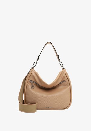 Sac hobo beige avec une texture perforée, quincaillerie argentée, bandoulière simple et détails de poche zippée. Fini lisse.