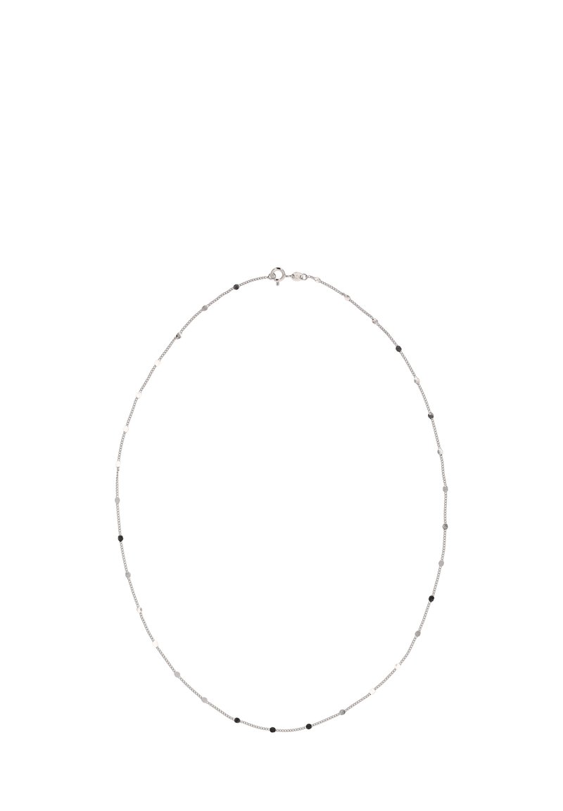 Sølv halskæde med skiftende sorte og grå perler ind imellem små metalled, med en sikker lås.