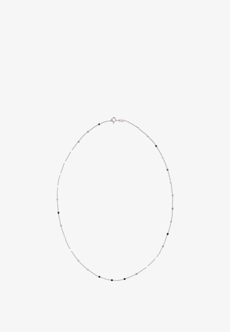 Sølv halskæde med skiftende sorte og grå perler ind imellem små metalled, med en sikker lås.