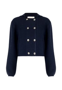 Cardigan corto lavorato a maglia blu navy con un motivo testurizzato, colletto alto e bottoni d'argento doppi davanti. Maniche lunghe.