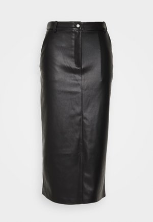 Mustmust nahkseelik ees oleva lõhiku, kõrge vöökohaga ja ühe nupu sulgemisega. Sile ja läikiv struktuur minimaalse detailiga.