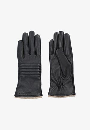 Czarne skórzane rękawiczki z żebrowanym wzorem na nadgarstku, elastycznym mankietem i wełnianą podszewką, prezentujące gładką fakturę i klasyczny kształt.