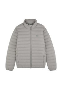 Light gray puffer jacket, quilted design with horizontal stripes, high collar, full front zipper, and two side pockets. Minimal branding detail.