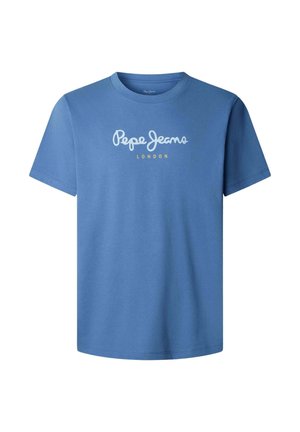 Plava majica kratkih rukava s okruglim izrezom i logotipom "Pepe Jeans London" tiskanom u bijeloj i žutoj boji na prsima.