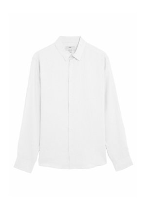 Weißes Langarmhemd aus Leinen mit klassischem Kragen. Mit einer durchgehenden Knopfleiste und einem lässigen Schnitt. Angenehme Textur und leicht.