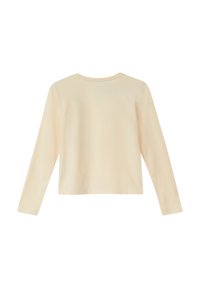 Langärmliges, hellcremefarbenes Baumwolloberteil mit rundem Halsauschnitt und lässigem Schnitt. Einfaches Design ohne sichtbare Muster oder Akzente.