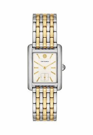 Montre-bracelet rectangulaire argent et or avec index dorés, deux aiguilles dorées et un bracelet métallique bicolore à maillons.