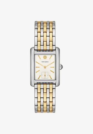 Rechthoekig zilver- en goudkleurig polshorloge met gouden markers, twee gouden wijzers en een tweekleurige metalen schakelband.