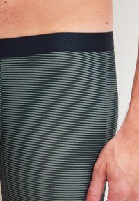 Mannelijke gestreepte onderbroek; heeft een donkerblauwe tailleband en afwisselend groene en donkerblauwe dunne horizontale strepen. Zachte, gestructureerde stof.