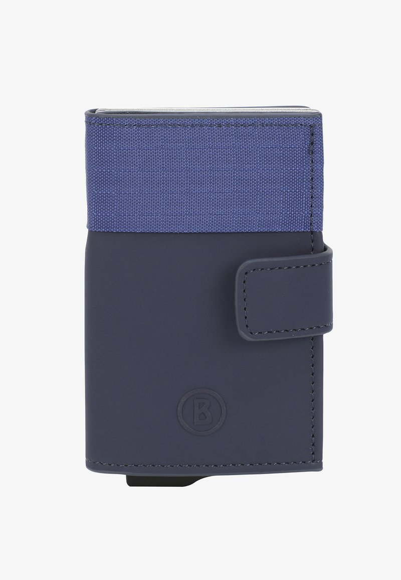Granatowy portfel z teksturowaną tkaniną u góry. Posiada gładką powierzchnię, zapięcie na zatrzask oraz widoczne logo na przodzie.