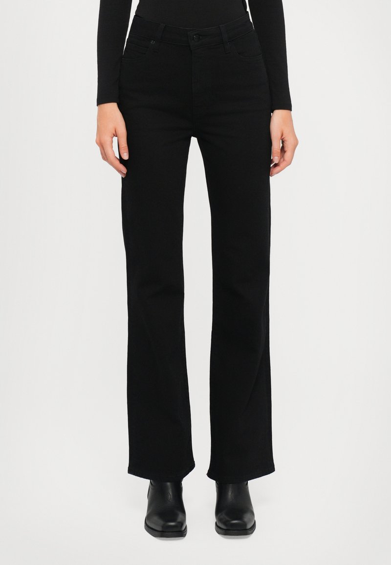 Black high-waisted jeans with a straight leg cut, made of denim fabric, featuring front pockets and a classic five-pocket design.