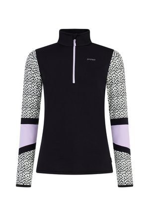 Schwarzes Zip-Up-Oberteil mit langen Ärmeln. Die Ärmel haben ein gemustertes Design in Weiß und Schwarz, mit lila Akzenten an den Bündchen und dem Logo auf der Brust.