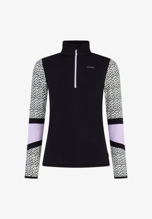 Zwarte zip-up top met lange mouwen. De mouwen hebben een patroonontwerp in wit en zwart, met een lila accent op de manchetten en het logo op de borst.
