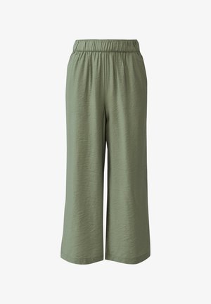 Gaismas, olīvzaļās platās bikses ar elastīgu jostasvietu, kurām ir sarežģīta tekstūra un īsa garuma dizains.