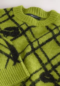 Green knitted sweater with a black check pattern, featuring a ribbed neck and cuffs, soft texture, and a label reading "NEXT."