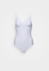 Hvit badedrakt med et glatt, elastisk stoff. Har en V-hals, tynne stropper og en tettsittende fasong, som er egnet for badesertøy.