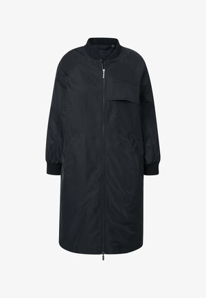 Long black bomber jacket with a zip front, ribbed cuffs, and a chest pocket. Made from smooth, lightweight fabric with a relaxed fit.