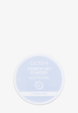 Poudre Prime'n Set de GOSH dans un contenant rond blanc avec une étiquette bleu clair. Le texte inclut "Base Poudre" et "Hydratation", avec un symbole de certification d'allergie.