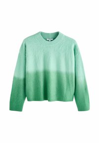 Light green sweater with a gradient design, featuring a ribbed round neckline and long sleeves. Soft texture and loose fit.