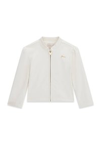 Jachetă scurtă albă cu mâneci lungi, având guler rotund, fermoar frontal și detaliu logo auriu pe piept. Textură netedă.