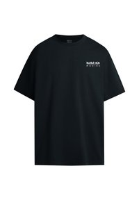 Schwarzes Baumwoll-T-Shirt mit kurzen Ärmeln, Rundhalsausschnitt und einem weißen "Red Bull Racing"-Logo auf der linken Brustseite.