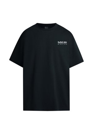Black cotton T-shirt featuring short sleeves, a crew neck, and a white "Red Bull Racing" logo on the left chest area.
