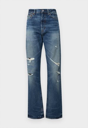 Högmidjade blå denimjeans med slitna detaljer, med flera revor och design med rak ben. Klassisk femfickorsstil.