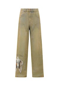 Kalhoty s širokými nohavicemi v olivově zelené denimové barvě s propracovanou výšivkou okřídleného ptáka na levé noze a tradičním pětipocket designem.