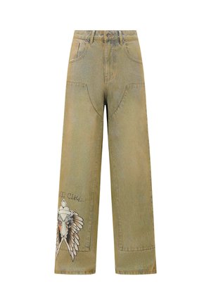 Weite olivgrüne Jeans mit aufwendiger bestickter Flügel-Vogelmotiven am linken Bein und traditionellem Fünf-Taschen-Design.