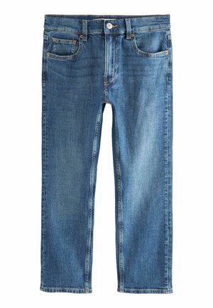 Jean en denim de couleur bleu moyen, avec un design classique à cinq poches, une coupe droite et des détails de couture orange.