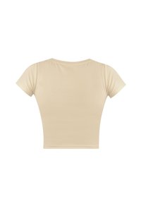 Beiger, verkürzter T-Shirt aus glattem, elastischem Stoff. Mit kurzen Ärmeln und einem runden Halsausschnitt, ohne zusätzliche Muster oder Akzente.