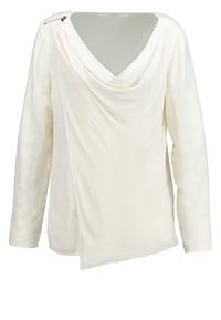 Weißes Langarmshirt mit Wasserfallausschnitt, asymmetrischem Saum und weichem, glattem Stoff. Verfügt über einen dekorativen Reißverschluss an der Schulter.