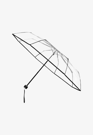 Ombrello trasparente con struttura e manico neri, completamente aperto, inclinato per mostrare chiaramente le stecche e la struttura della tenda.