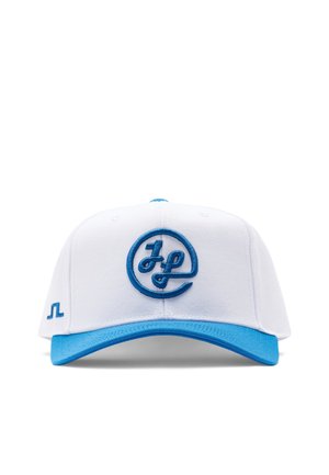 Weißes Baseballcap mit blauem, geschwungenem Schirm und blau gesticktem, rundem Logo mit stilisiertem "LP" auf der Frontplatte.