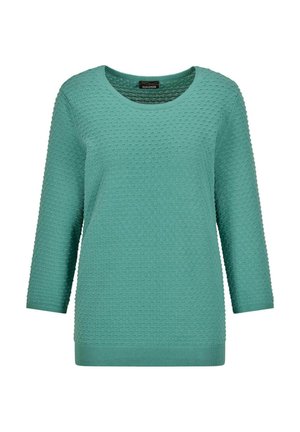 Teal gebreide trui met een textuur van stippen, ronde halslijn, en driekwart mouwen, geribbelde zoom en manchetten.