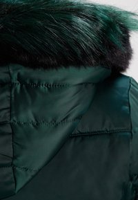 Giacca imbottita verde con cappuccio in pelliccia nera staccabile. Il tessuto è morbido, con trapuntatura orizzontale e una finitura lucida.
