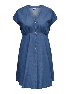 Robe courte en denim bleu à manches courtes, col en V, boutonnée à l'avant, taille froncée et jupe évasée.