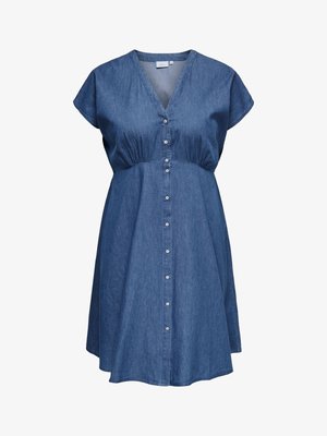 Rochie scurtă albastră din denim cu mâneci scurte, decolteu în V, nasturi în față, talie adunată și fustă evazată.