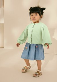 Lichtgroene gebreide cardigan met opgezette mouwen en knopen, gecombineerd met een blauwe denim rok met bloemenborduurwerk en beige sandalen met banden.