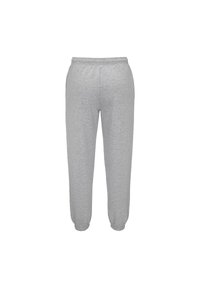 Szare dresowe spodnie uszyte z miękkiego materiału, wyposażone w elastyczny pas i mankiety, o prostym, jednolitym designie bez widocznych wzorów.