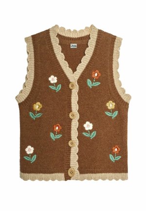 Gilet marron en tricot avec bordure beige festonnée et broderie florale. Comprend des boutons en bois et un design à manches courtes, mettant en valeur des fleurs vibrantes.